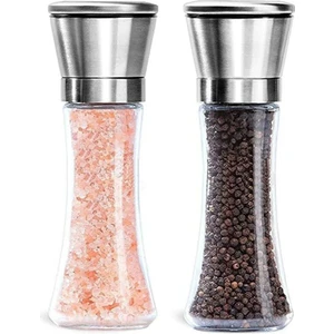 Kitchen Design Lab Cam Gövdeli Metal Krom Renk Kapaklı Tuz Karabiber Değirmeni Tuz Karabiber Öğütücü 19 cm 2 Adet