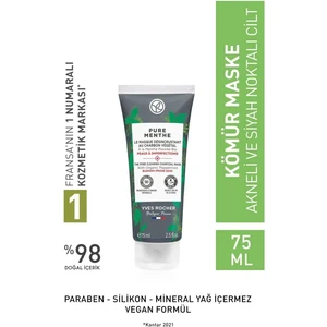 Yves Rocher Karma, Yağlı ve Akneye Eğilimli Ciltler Için Pure Menthe Kömür Maske 75 Ml.