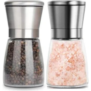 Kitchen Design Lab Cam Gövdeli Metal Krom Renk Kapaklı Tuz Karabiber Değirmeni Tuz Karabiber Öğütücü 10 cm 2 Adet