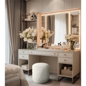 Gazzini Furniture Diana Slim Line Luxury Beyaz Puf Havlu Kumaş, Silindir, Dekoratif Makyaj Masası Pufu