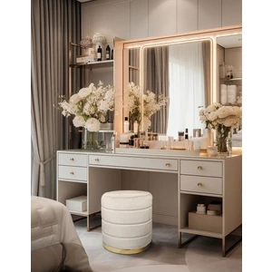Gazzini Furniture Lungo Roller Gold Kaplama Pofuduk Puf Krem Silindir Makyaj Masası Puf Koltuğu