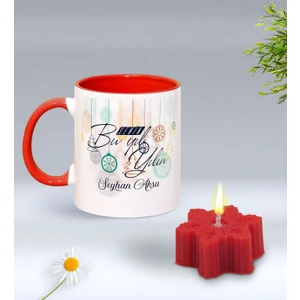 BK Gift Yılbaşı Hediyesi Bk Gift Kişiye Özel Yeni Yıl Tasarımlı Kırmızı Kupa Bardak ve Kırmızı Kar Tanesi Kokulu Mum Hediye Seti-10, Sevgiliye, Arkadaşa Hediye