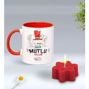 BK Gift Yılbaşı Hediyesi Bk Gift Kişiye Özel Yeni Yıl Tasarımlı Kırmızı Kupa Bardak ve Kırmızı Kar Tanesi Kokulu Mum Hediye Seti-5, Sevgiliye, Arkadaşa Hediye