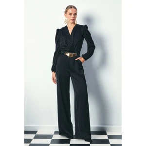 Kruvaze Desenli Bodysuit Bluz - Siyah