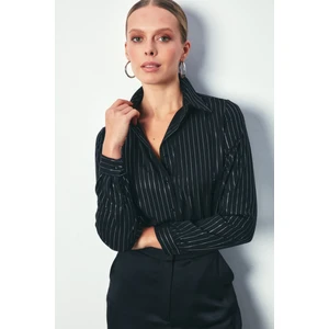 Parlak Çizgili Klasik Gömlek - Siyah