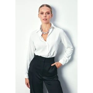 Parlak Çizgili Klasik Gömlek - Ekru