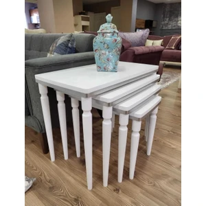4'lü Zigon Sehpa Seti MDF Gürgen Ayak Beyaz Gümüş Lake Modern Tasarım 73x41x57,5 cm