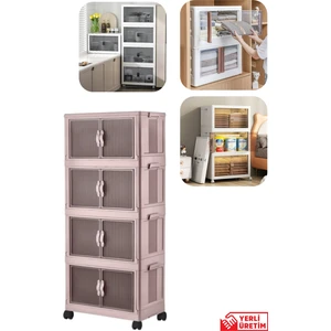 Çok Amaçlı Kapaklı Istiflenebilir Tekerlekli Organizer Dolap 4 Lü Pembe
