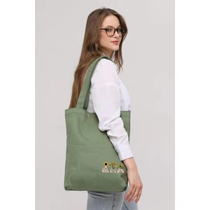 Çınar Bez Çanta 3 Cepli Ayçiçekli Kafalar Baskılı Mint Yeşili Gabardin Çanta