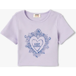 Slogan Işlemeli Crop Tişört Dar Kalıp Bisiklet Yaka Kısa Kollu