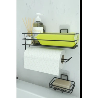 Zabata Yapışkanlı Banyo Rafı Kağıt Havlu Tutacağı ve Metal Sabunluk Set