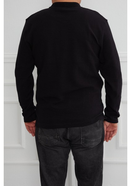 Hscstore Erkek Polo Yaka Düğmeli Siyah Sweatshirt - 2815