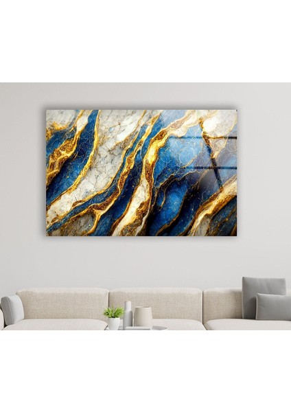 Mavi Altın Desenli Mermer Temperli Cam Duvar Tablosu