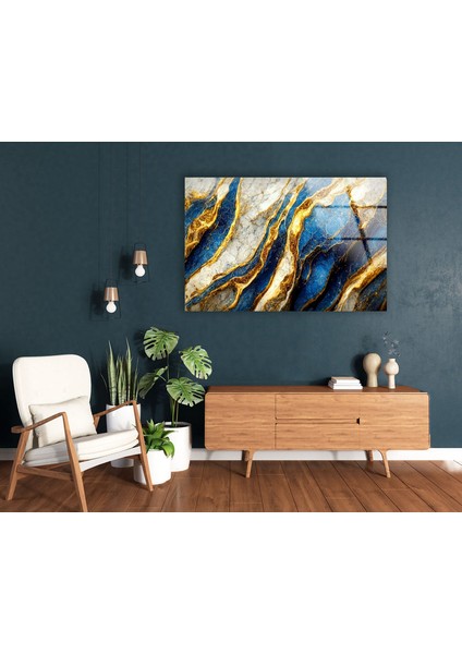 Mavi Altın Desenli Mermer Temperli Cam Duvar Tablosu fiyatları