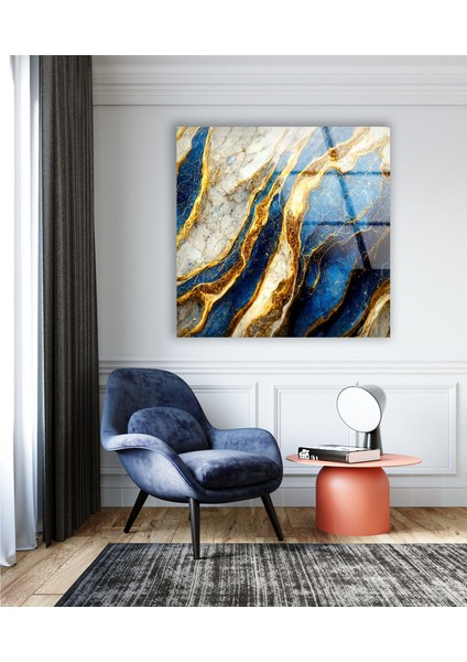 Mavi Altın Desenli Mermer Temperli Cam Duvar Tablosu modelleri