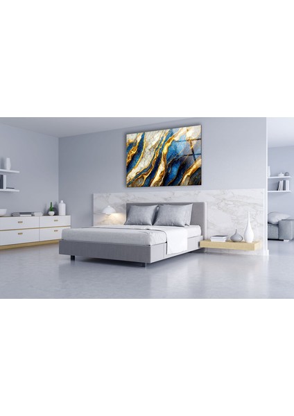 Mavi Altın Desenli Mermer Temperli Cam Duvar Tablosu fırsatları