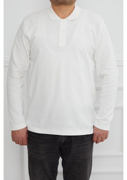 Hscstore Erkek Polo Yaka Düğmeli Ekru Sweatshirt - 2815