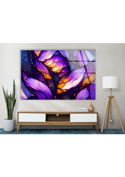 Mor Soyut Temperli Cam Duvar Tablosu