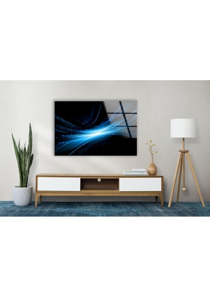 Siyah Mavi Çizgili Soyut Temperli Cam Duvar Tablosu
