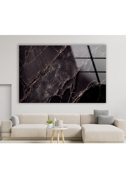 Siyah Mermer Desenli Temperli Cam Duvar Tablosu