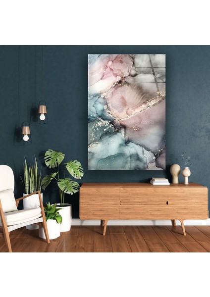 Pembe Gri Mermer Desenli Temperli Cam Duvar Tablosu