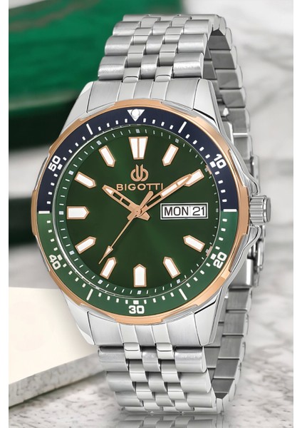 Fonksiyon Erkek Kol Saati Gümüş-Yeşil Renk BG.1.10320.4 Çelik Kasa&kordon+Bileklik Hediye ZMB012