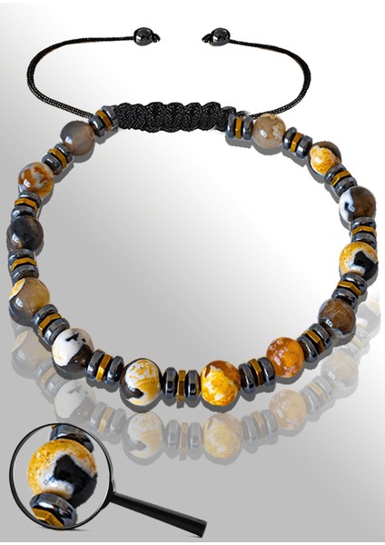 Sertifikalı Hematitli 6 mm Doğal Siyah - Turuncu Akik Taşı Bileklik (Tibet Akiği)