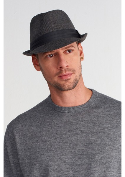 Erkek Bantlı Yün Fötr Şapka - Füme