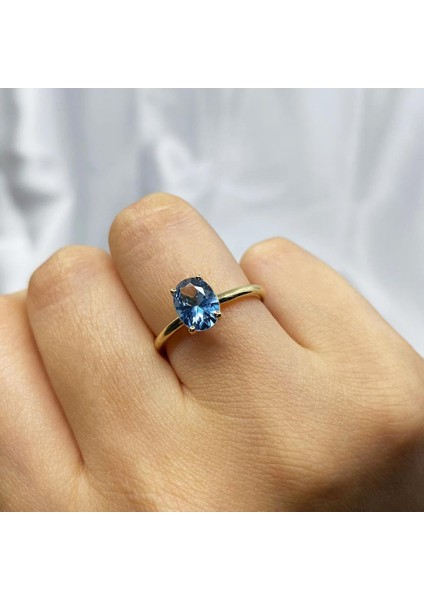 FasekGold 1.50 Karat London Blue Topaz Tektaş 925 Ayar Gümüş Evlilik Teklifi Yüzüğü-Hediye Gümüş Tektaş Yüzük