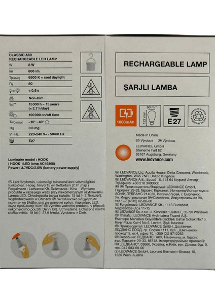 Ledvance 8W (60W) 6500K (Beyaz Işık) Şarj Edilebilir E27 Duylu LED Ampul (4 Adet)