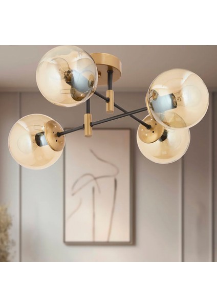 Maral 4Lü Siyah Eskitme Bal Camlı Modern Genç Odası Yatak Odası Retro Salon Avize