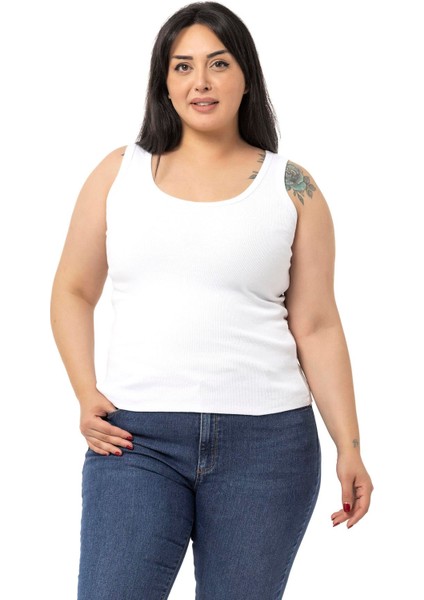 Büyük Beden Askılı Fitilli Kaşkorse Beyaz Body