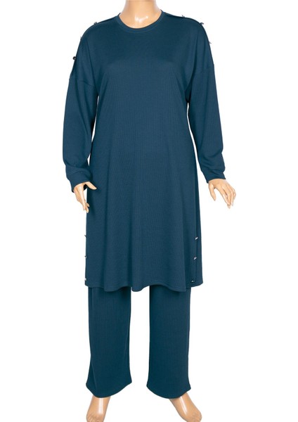 Kadın Benan Fitili Düğmeli Spor Petrol Tunik Pantolon Takım