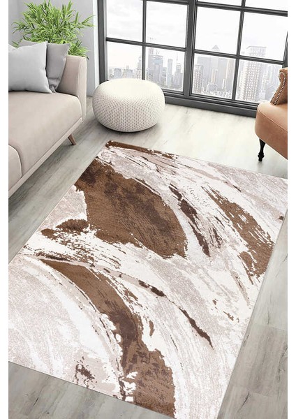 Bafra Beyaz Kahverengi Halı Yumuşak Oturma Odası Salon Çocuk Odası Mutfak Halısı P1197 80 x 150