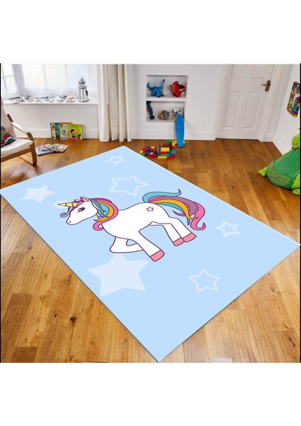 Cino 74 Mavi Beyaz Unicorn Kız Çocuk Odası Halı Bebek Oyun Halısı