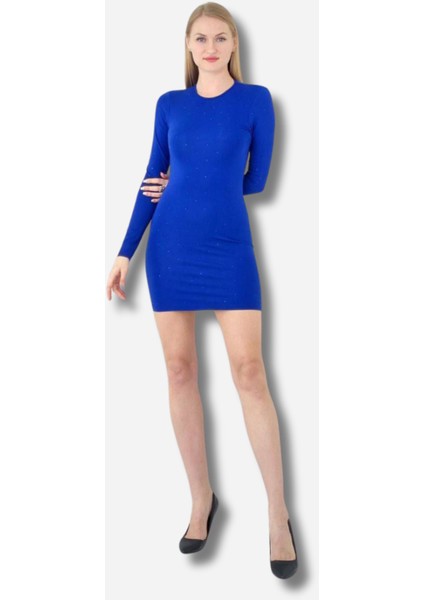 Boncuk Işlemeli Uzun Kol Sırt Dekolteli Mini Elbise