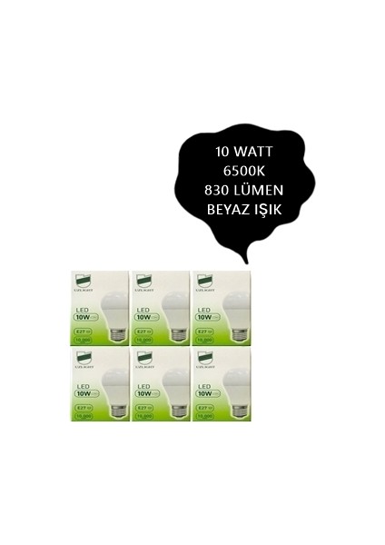 10W LED Ampul 6'lı Paket E27 Duy Beyaz LED Ampul 6500K