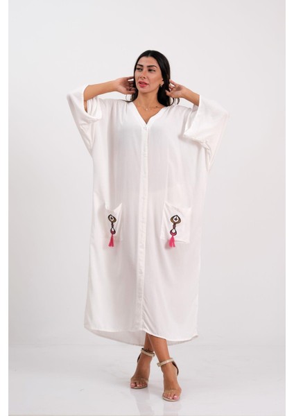 Kadın Beyaz V Yaka Cepleri ve Sırtı Otantik Nakışlı Püsküllü Oversize Uzun Gömlek Elbise indirimleri