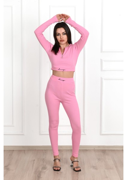 Kadın Yazı Baskılı Fermuar Detaylı Eşofman Takımı 3725-23 modelleri