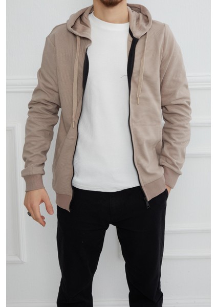 Hscstore Erkek Fermuarlı Kapüşonlu Bej Sweatshirt - 3705
