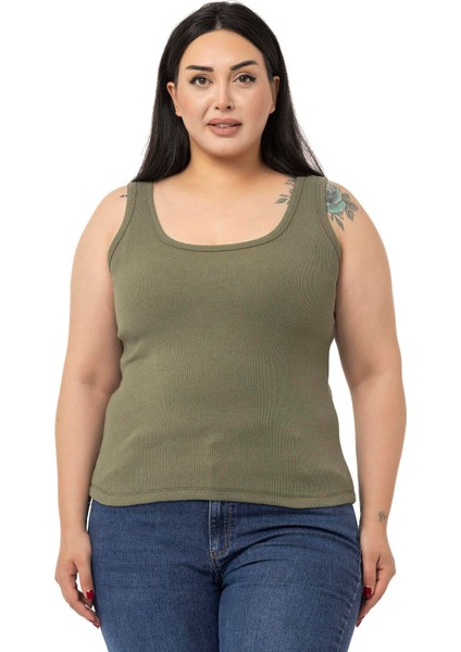 Büyük Beden Askılı Fitilli Kaşkorse Haki Body