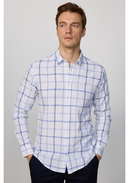 Slim Fit Dar Kalıp Kareli Keten Efekt Yazlık Beyaz Mavi Erkek Gömlek