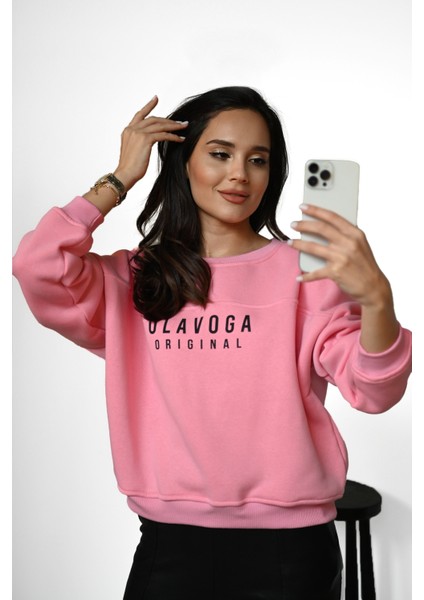 Kadın Yazı Baskılı Bisiklet Yaka Sweatshirt 1617-24