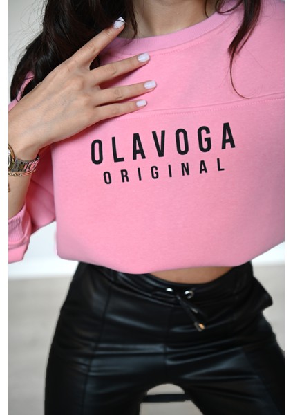 Kadın Yazı Baskılı Bisiklet Yaka Sweatshirt 1617-24