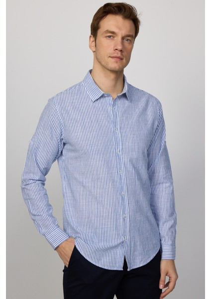 Slim Fit Dar Kalıp Çizgili Yazlık Keten Efekt Erkek Gömlek