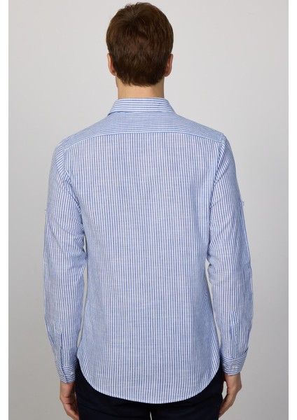 Slim Fit Dar Kalıp Çizgili Yazlık Keten Efekt Erkek Gömlek indirimleri