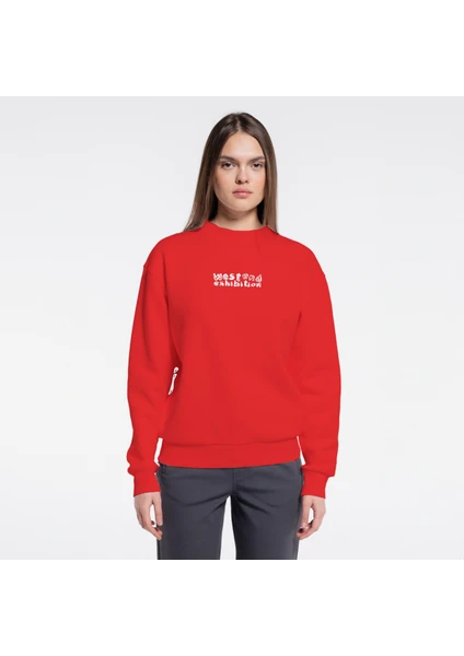 Friday Offset Ono Kadın Kırmızı Bisiklet Yaka Ekstra Oversize Sweatshirt - Şardonlu 3 Iplik