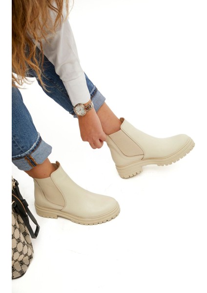 Ekru Hakiki Deri Bot Lastikli Ekru Kadın Bot Tırtıklı Taban Deri Bot Kısa Deri Bot