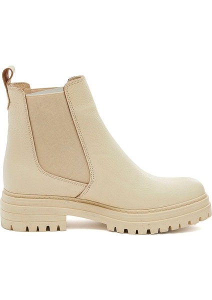 Ekru Hakiki Deri Bot Lastikli Ekru Kadın Bot Tırtıklı Taban Deri Bot Kısa Deri Bot modelleri