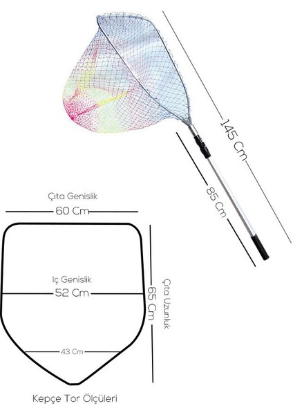 Bauer LNK-040 Teleskopik Misina Torlu Üçgen Balıkçı Kepçesi 200 cm (65 x 60)